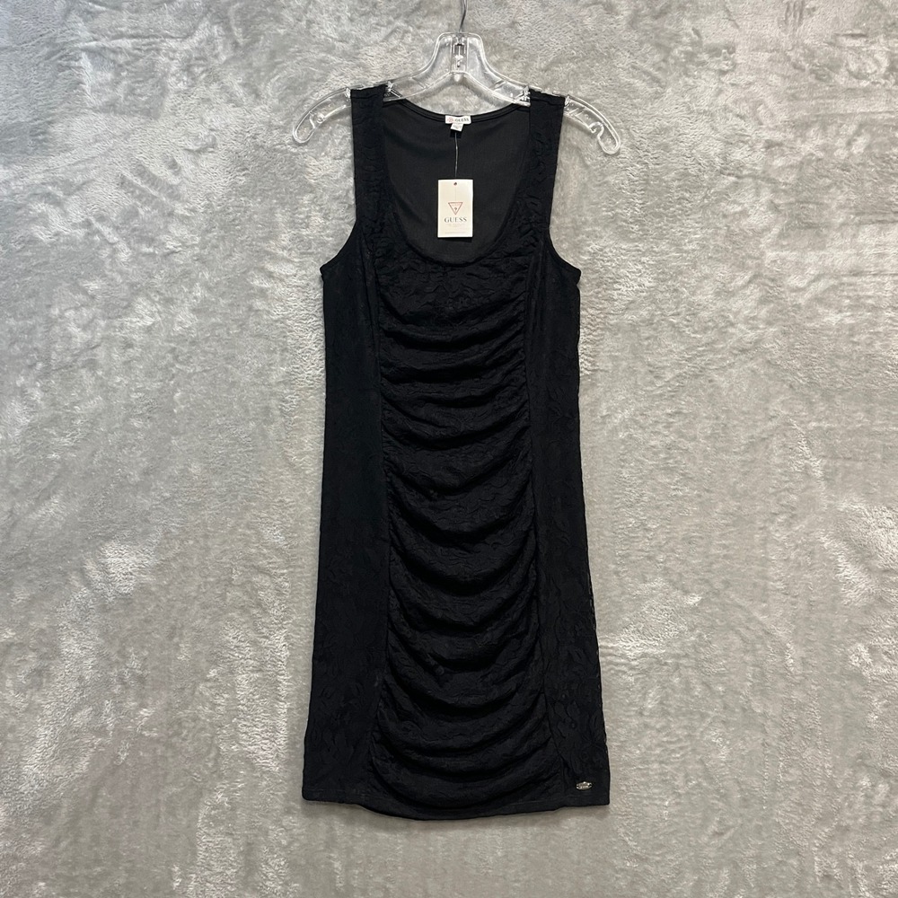 Guess Lace Mini Dress Womens Small Black Ruched Bodycon Scoop Neck Sleeveless